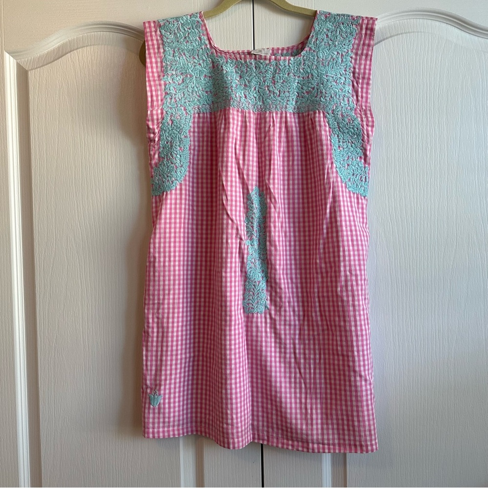 j.marie | EUC - Gingham Embroidered Dress - Turquoise/Pink - Size S